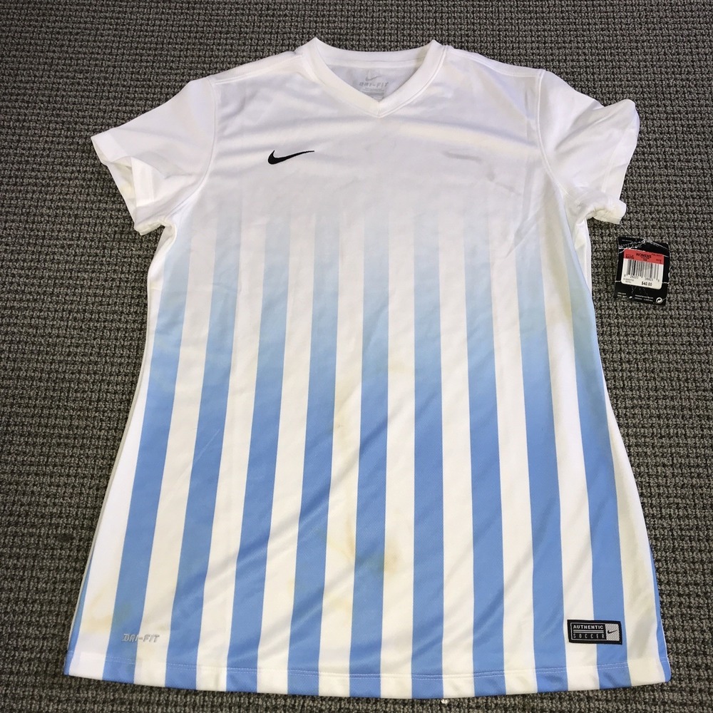 NIKE WOMENS BLUE/WHITE DRI-FIT SOCCER TOP, Large, NEW WITH TAGS (house Flood)